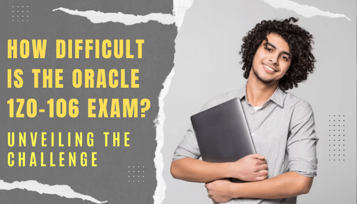 A determined student stands against a neutral gray background, laptop in hand, ready to tackle the challenges of the Oracle 1Z0-106 Exam.