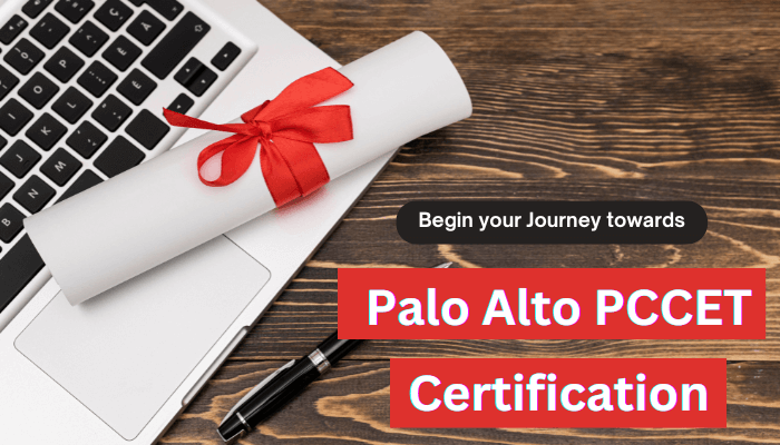 A laptop, paper with ribbon and boll pen on the floor showing Journey towards Palo Alto PCCET Certification