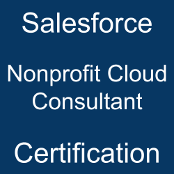 Image with text 'Salesforce Nonprofit Cloud Consultant Certification' on a blue background.
