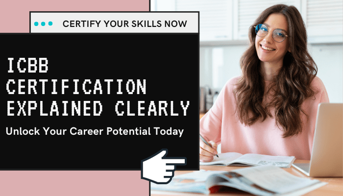 Smiling woman studying at a desk with books and a laptop, promoting ICBB certification to unlock career potential.
