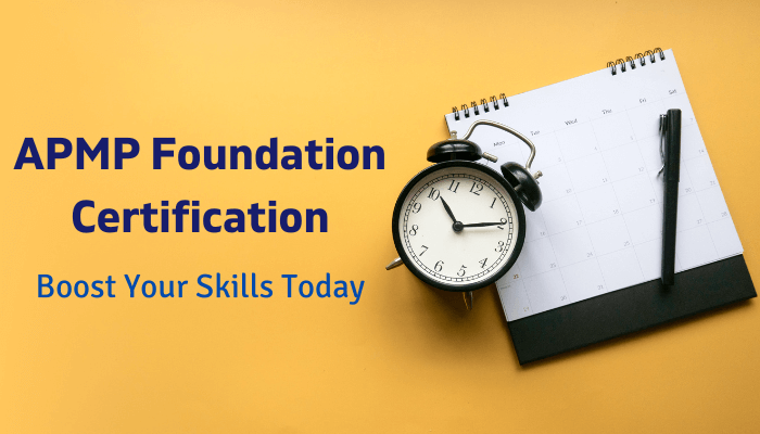 APMP Foundation Certification - Boost Your Skills Today, featuring an alarm clock, a calendar, and a pen on a yellow background.