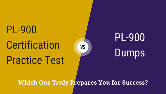 PL-900 Certification Practice Test vs. PL-900 Dumps – Which One Truly Prepares You for Success?" The image is split into two contrasting sections: a yellow left side labeled "PL-900 Certification Practice Test" and a dark purple right side labeled "PL-900 Dumps." A central circular element with "vs" highlights the comparison.