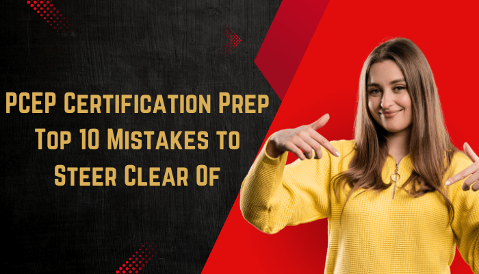 Woman in a yellow sweater pointing down, smiling. Text: 'PCEP Certification Prep - Top 10 Mistakes to Steer Clear Of.'
