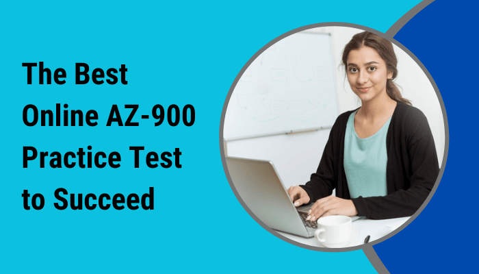 A young woman sitting at a desk with a laptop, smiling confidently. The text on the left reads, "The Best Online AZ-900 Practice Test to Succeed," against a blue and teal background.