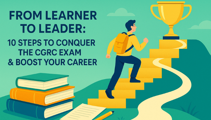Illustration of a person climbing steps toward a trophy, symbolizing the journey to pass the CGRC exam and enhance career prospects