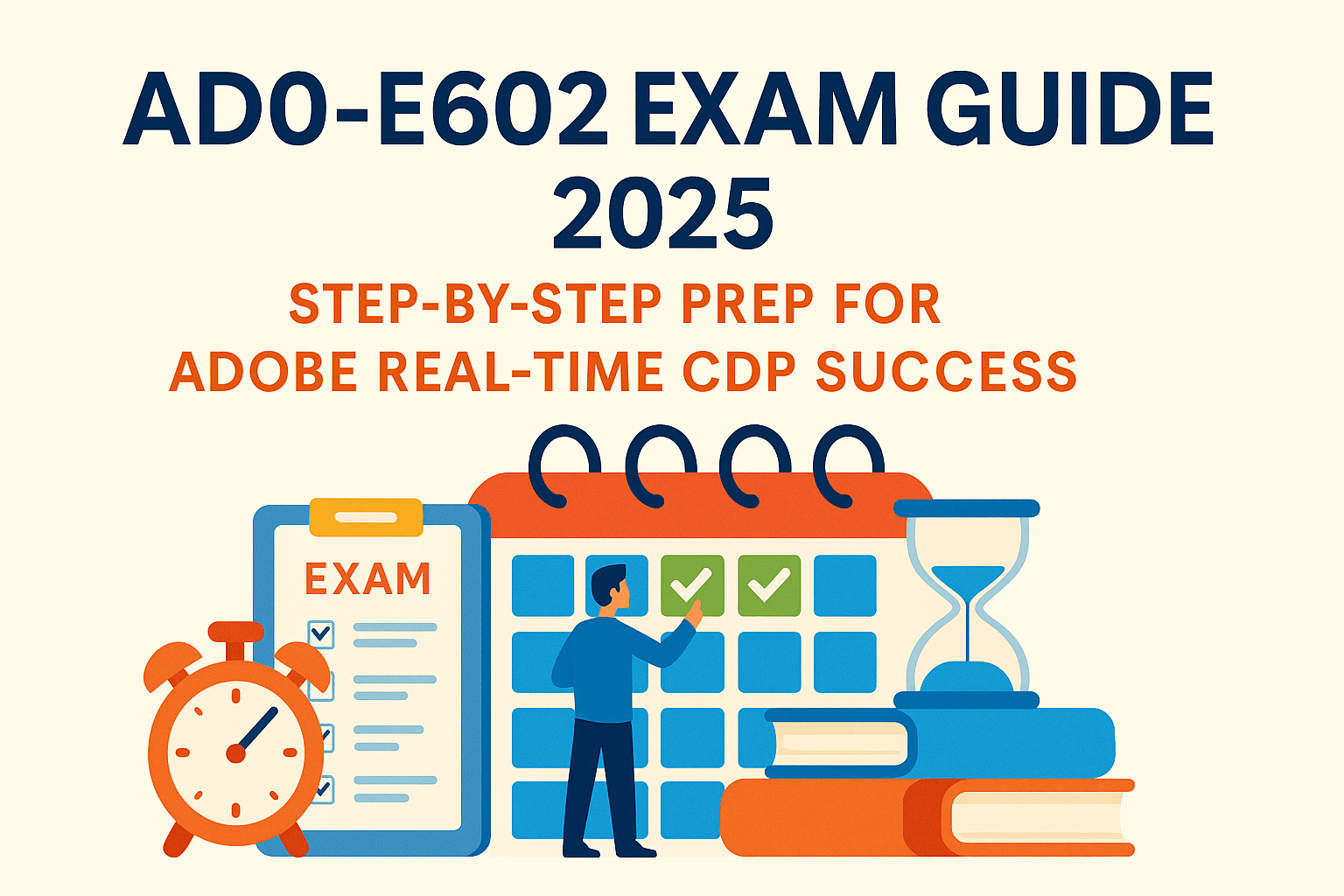 Visual guide for AD0-E602 Exam 2025 prep with icons for exam checklist, calendar planning, books, and time management. Emphasizes structured preparation for Adobe Real-Time CDP success.