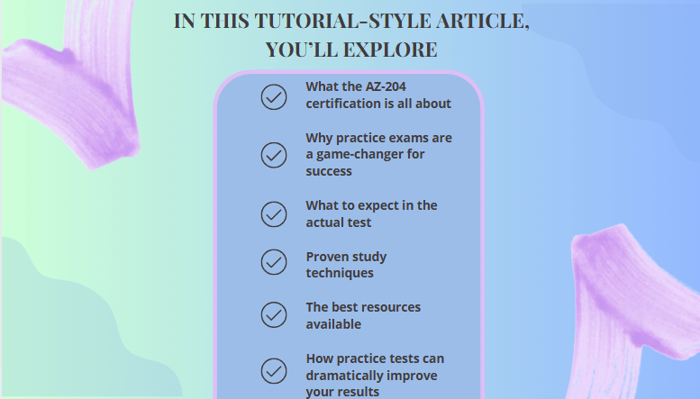 A pastel-themed infographic with a checklist of key topics covered in the article. It includes items like: What the AZ-204 certification is, benefits of practice exams, exam expectations, study techniques, best resources, and how practice tests boost performance.
