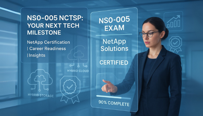 Professional woman interacting with virtual interface showcasing NS0-005 NCTSP NetApp certification exam details and career readiness insights.