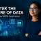 Confident young woman in a data center with holographic NetApp NCDA graphics and the text "Master the Future of Data.