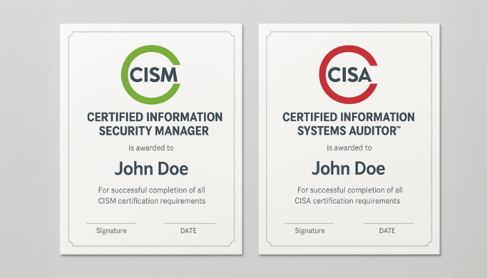 Side-by-side cisa vs cism	certificates for CISM (Certified Information Security Manager) and CISA (Certified Information Systems Auditor) awarded to John Doe. 