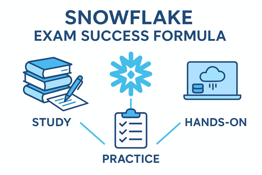 Snowflake exam success formula infographic showing study, practice, and hands-on icons connected by the Snowflake logo in a blue and white theme.