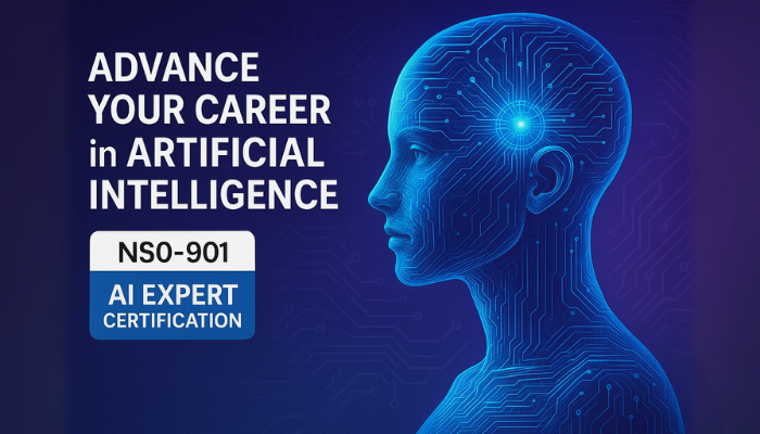 Promotional banner for NS0-901 AI Expert Certification featuring a digital human head with glowing circuits and text ‘Advance Your Career in Artificial Intelligence’.