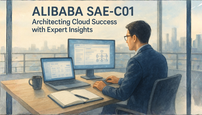 Watercolor-style scene of a person viewed from the side studying at a rooftop desk with multiple screens showing cloud diagrams. Soft natural light, a city skyline, an open notebook, and a mug create a calm, professional exam-prep atmosphere.