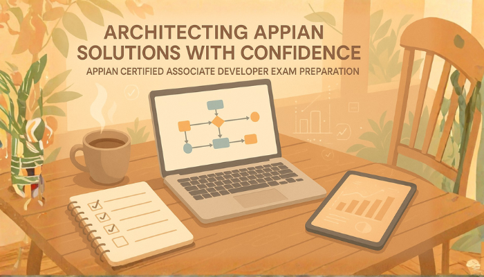 Top-down vector illustration of a laptop with Appian process model, planner, tablet, and coffee on a rustic outdoor study table