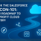 A modern 3D-style digital roadmap leading to a glowing Salesforce cloud, with icons for compass, data, heart, and helping hands, symbolizing nonprofit cloud mastery.