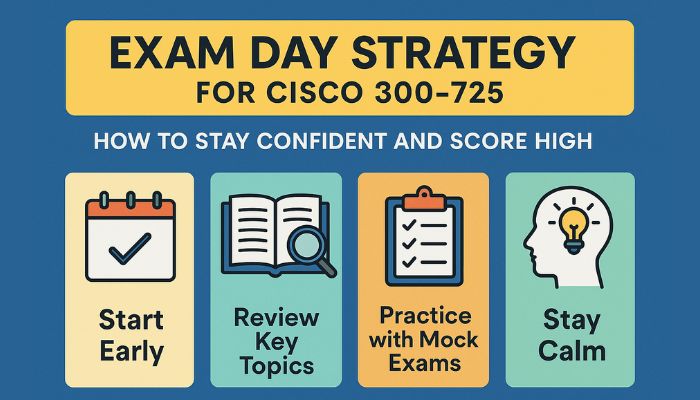 Exam day strategy for Cisco 300-725 showing tips like start early, review key topics, practice with mock exams, and stay calm.