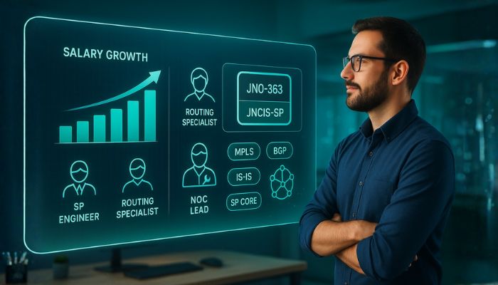 A confident network engineer in a futuristic 3D tech studio analyzing glowing teal holographic JN0-363 career and salary charts with floating skill icons and job role graphics.