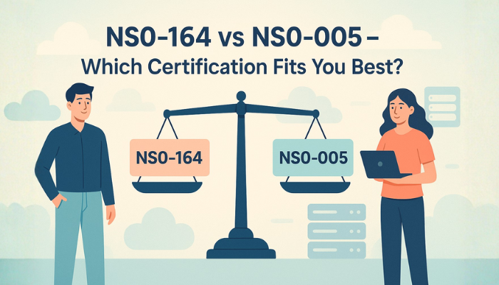Illustration comparing NS0-164 and NS0-005 NetApp certifications with a balanced scale representing career choice.