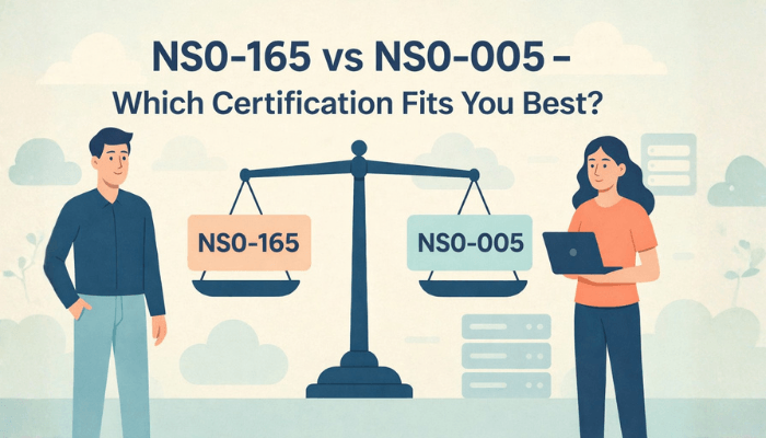 Illustration comparing NS0-165 vs NS0-005 certifications with a balance scale in the center, showing NS0-165 on one side and NS0-005 on the other, while two professionals stand on opposite sides evaluating which certification fits best, with a background featuring clouds and server icons.