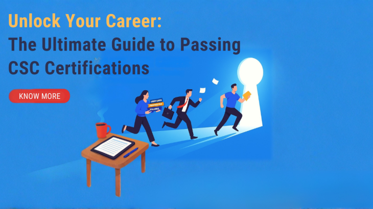 People running toward a keyhole light symbolizing career success with text ‘Unlock Your Career: The Ultimate Guide to Passing CSC Certifications’ and a red ‘Know More’ button