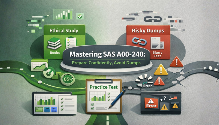 Professional SAS A00-240 exam preparation workspace showing study guides, highlighted syllabus sheets, laptop with practice test dashboard, and analytics visuals in a clean, modern setup.
