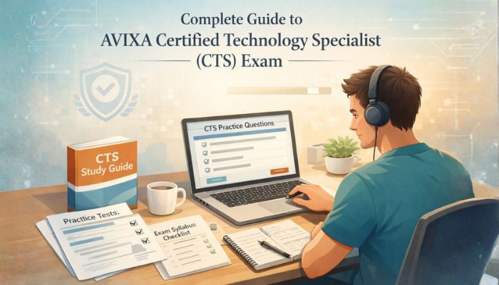 Calm digital illustration of a learner studying for the AVIXA CTS exam on a laptop, with study guide, practice tests, syllabus checklist, notes, and coffee in a bright, modern tech-inspired workspace.