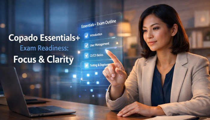 A cinematic realistic image of a professional adult focused on a holographic display showing abstract data points or an exam outline, conveying concentration and clarity for the Copado Essentials+ exam.