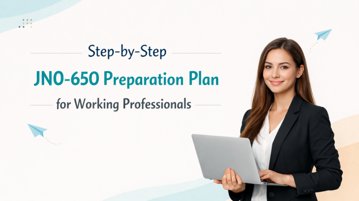 Step-by-step JN0-650 preparation plan visual for working professionals featuring a confident IT professional with a laptop.