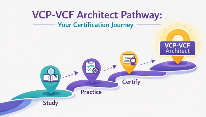 A clean, flat vector infographic illustrating a clear pathway with milestones like "Study" and "Practice" leading to the "VCP-VCF Architect" certification. It visualizes the journey to passing the VMware Cloud Foundation 9.0 Architect exam.