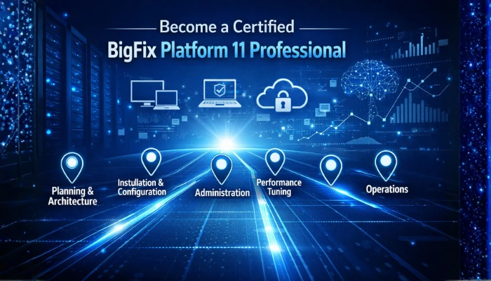 Promotional banner for BigFix Platform 11 Professional certification showing a futuristic data center background with icons representing planning, installation, administration, performance tuning, and operations.