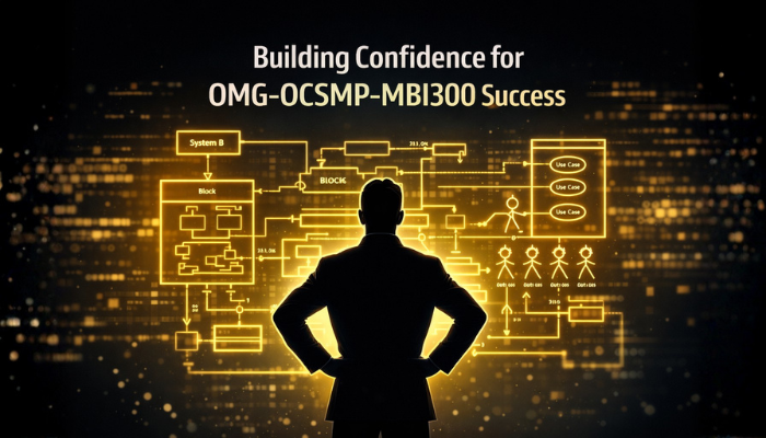 A minimalist vector illustration of a confident silhouette before a glowing SysML diagram, symbolizing building confidence for OMG-OCSMP-MBI300 certification success.