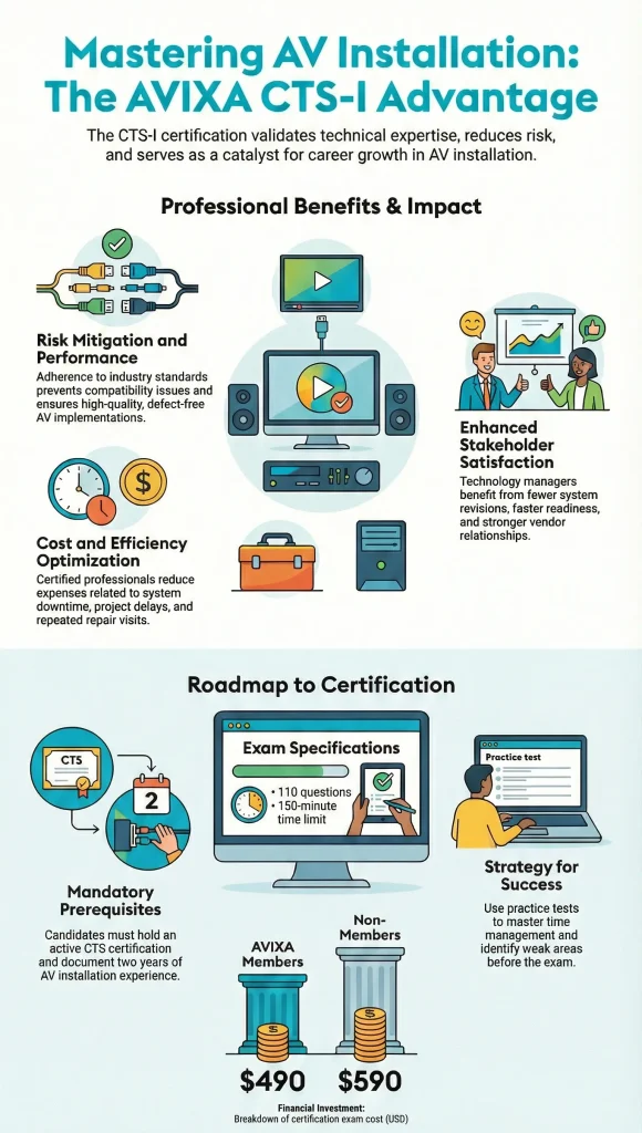 Infographic highlighting the AVIXA CTS-I certification benefits, exam details, costs, prerequisites, and a roadmap to becoming a Certified Technology Specialist - Installation professional.