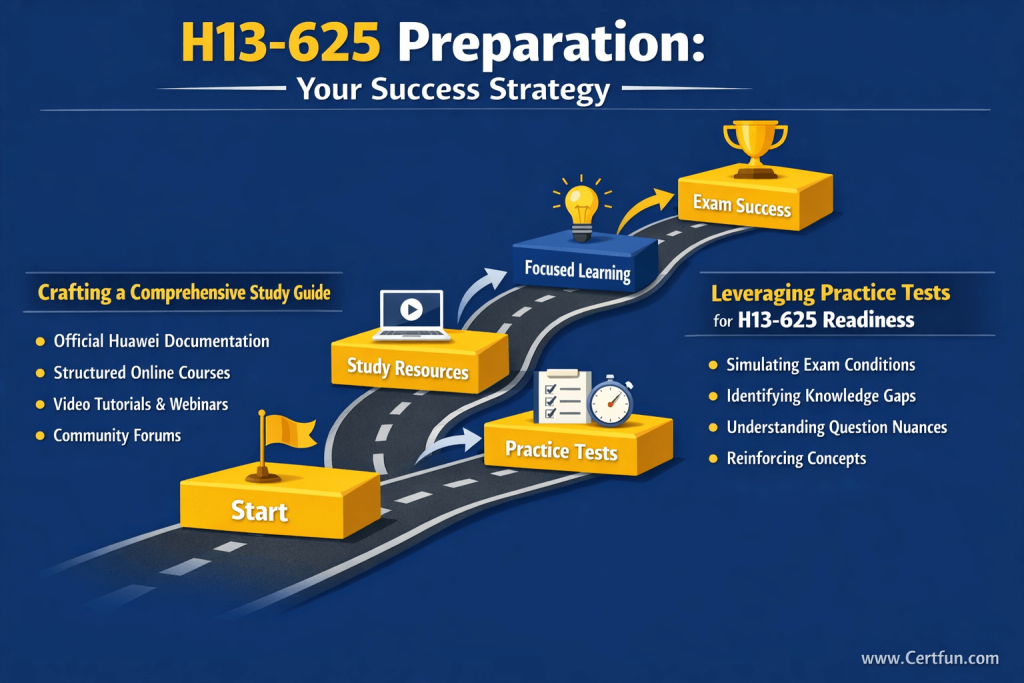 An infographic detailing successful preparation strategies for the Huawei H13-625 exam, outlining steps for creating a comprehensive study guide and the benefits of leveraging practice tests for readiness and knowledge reinforcement.