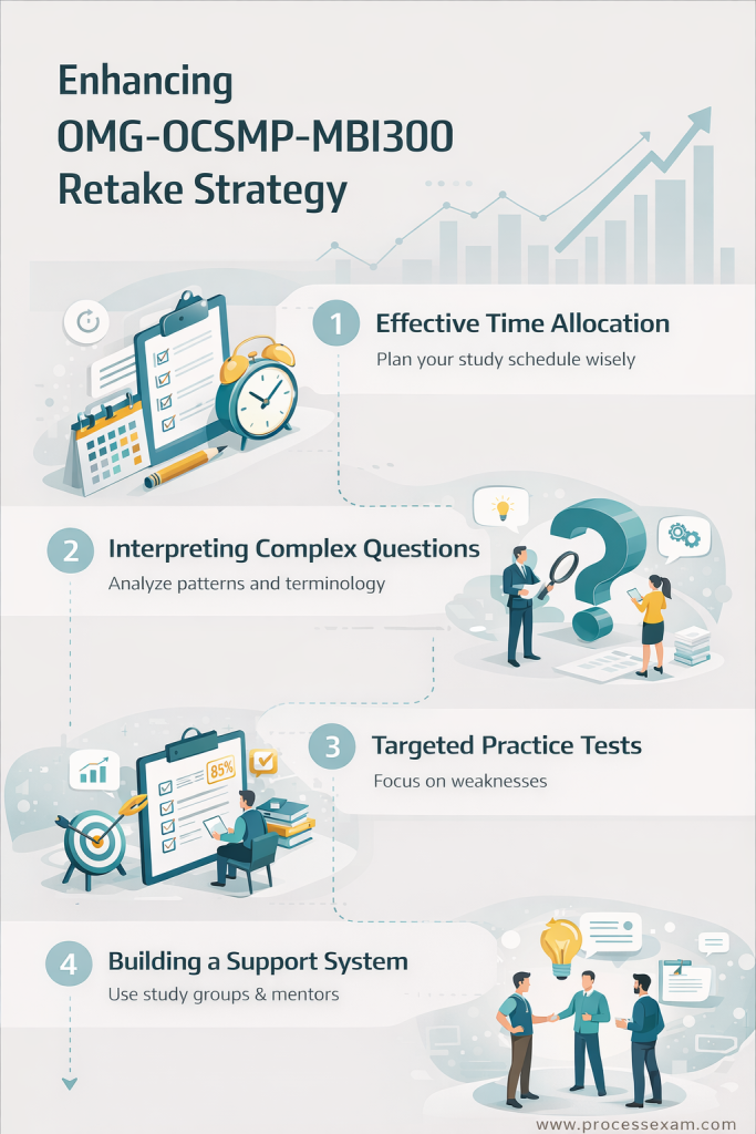 An infographic outlining a success pathway for the OMG-OCSMP-MBI300 retake, illustrating stages like identifying missteps, strengthening skills, optimizing performance, and creating an action plan.