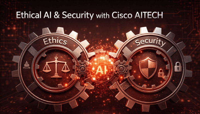 A 3D rendered image depicting two intertwined gears labeled 'Ethics' and 'Security', powered by a central AI core, against a circuit board background. This symbolizes ethical and secure AI deployment as per Cisco AITECH.