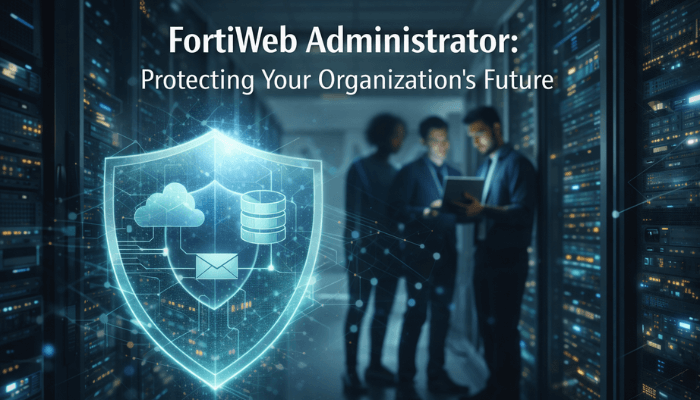 A cinematic view of a data center, highlighting a web application firewall shield protecting critical data, illustrating the role of a FortiWeb Administrator in cybersecurity.