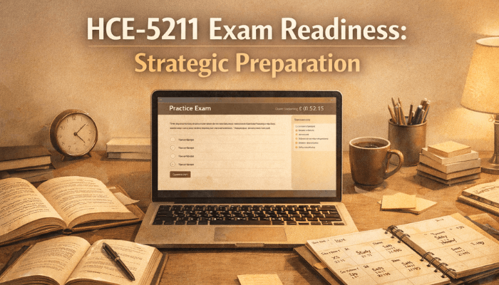 An organized study desk with a laptop, books, and a planner, symbolizing strategic preparation for the HCE-5211 exam and readiness to achieve certification.