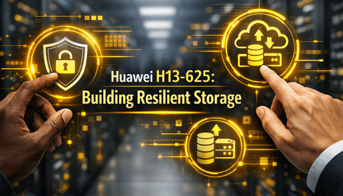 A realistic image focusing on hands interacting with abstract digital interfaces that symbolize the design and implementation of resilient storage, data protection, and disaster recovery solutions, central to the Huawei H13-625 certification.