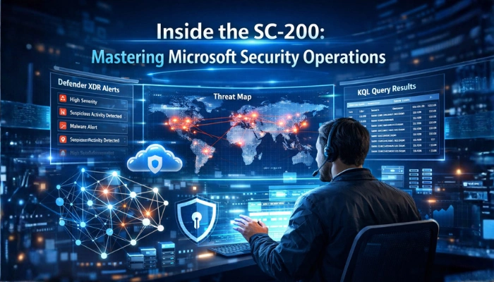 Security analyst monitoring threats on multiple dashboards inside a Microsoft Security Operations Center (SC-200).