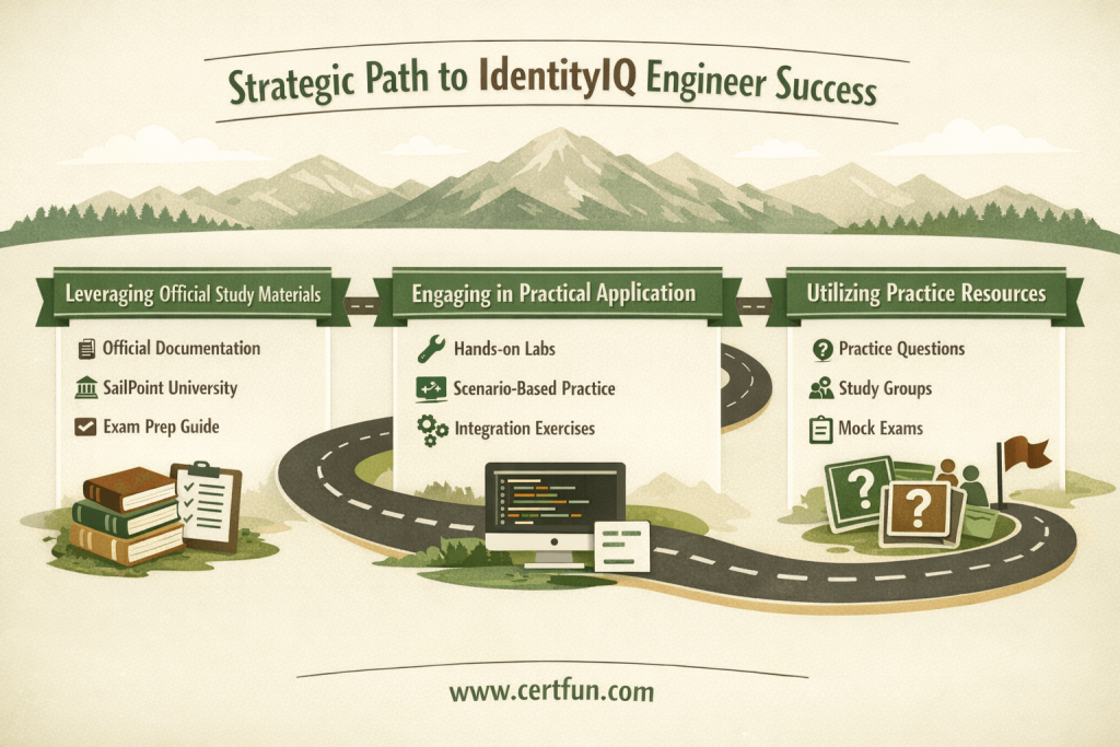 Infographic outlining the strategic preparation path for the SailPoint IdentityIQ Engineer exam, detailing steps for official study, practical application, and practice resources.