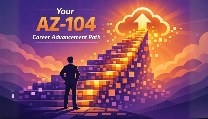 A symbolic digital path ascends towards a cloud icon, with a professional silhouette, representing career advancement and growth enabled by the AZ-104 Microsoft Azure Administrator certification.