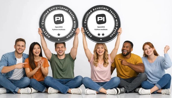 Six young adults sitting cross-legged on a white studio floor, with two people holding large PCET and PCAT Python Institute certification badges above their heads while others smile and point toward the achievements.