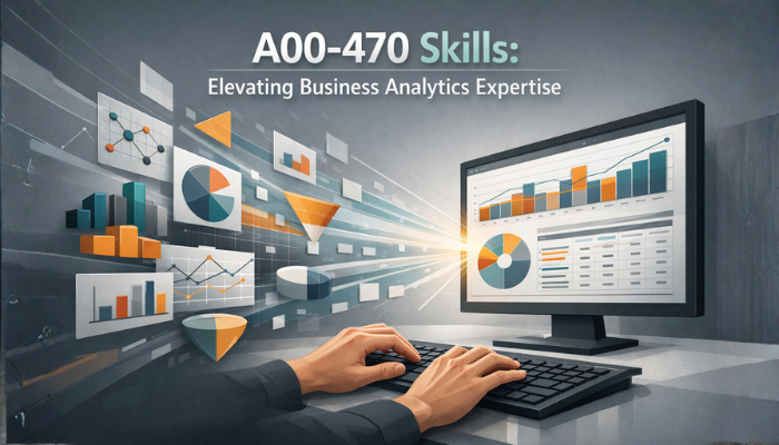 Realistic image of hands typing on a keyboard, with abstract data elements flowing into a polished SAS Visual Analytics report displayed on a nearby monitor, illustrating the practical skills validated by A00-470 certification.Realistic image of hands typing on a keyboard, with abstract data elements flowing into a polished SAS Visual Analytics report displayed on a nearby monitor, illustrating the practical skills validated by A00-470 certification.