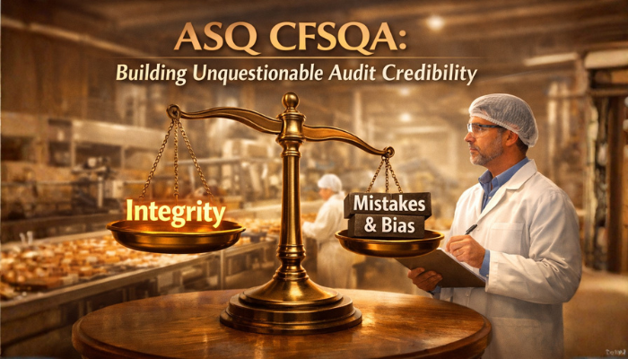 An ASQ CFSQA auditor examining documents in a food processing plant, with a symbolic scale showing integrity outweighing mistakes, representing the importance of credibility in food safety audits.