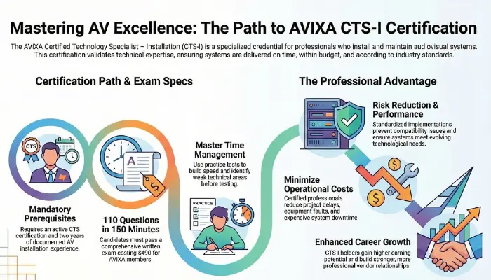Infographic titled “Mastering AV Excellence: The Path to AVIXA CTS-I Certification” illustrating certification prerequisites, exam details (110 questions in 150 minutes), practice preparation, and professional benefits such as risk reduction, lower operational costs, and enhanced career growth for AV installation specialists.
