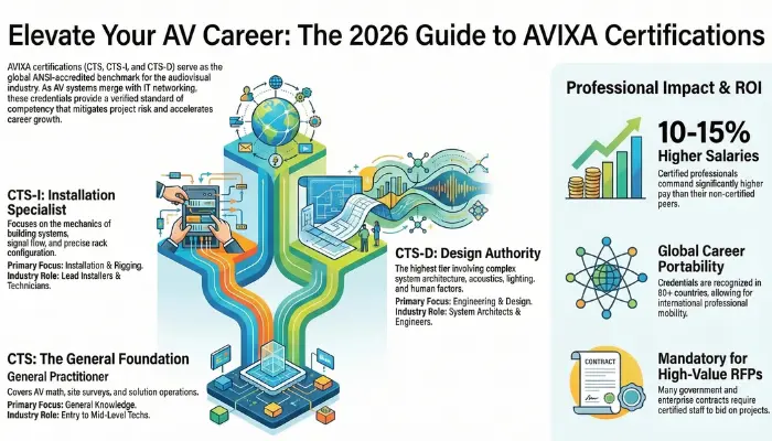 Infographic titled “Elevate Your AV Career: The 2026 Guide to AVIXA Certifications” explaining CTS, CTS-I, and CTS-D certification paths, their roles in audiovisual system installation and design, and career benefits such as 10–15% higher salaries, global recognition, and eligibility for high-value RFP projects.