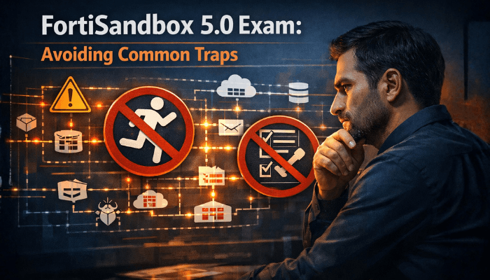 A professional cybersecurity analyst studying Fortinet network architecture, with visual cues highlighting common mistakes to avoid during the FortiSandbox 5.0 Administrator exam preparation.
