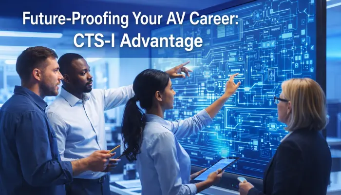 A diverse team of AV professionals collaborating in a bright, modern control room, symbolizing how the AVIXA CTS-I certification future-proofs careers by enabling adaptability and expertise in evolving technology.