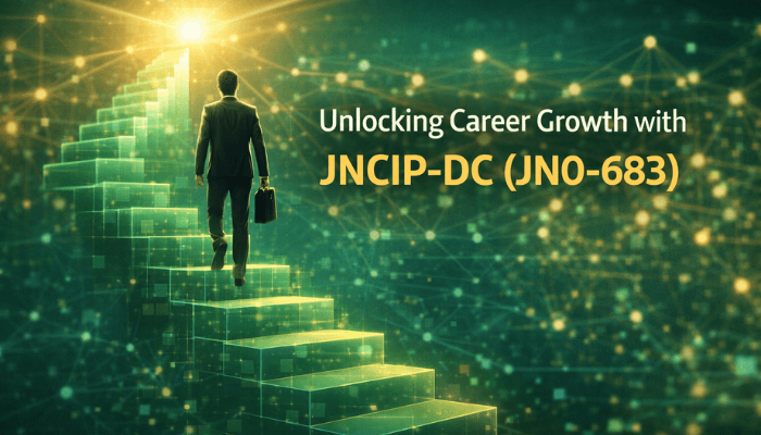 An abstract visual representing career growth and skill development, with a figure climbing digital steps towards success, symbolizing the benefits of achieving the JNCIP-DC (JN0-683) certification.