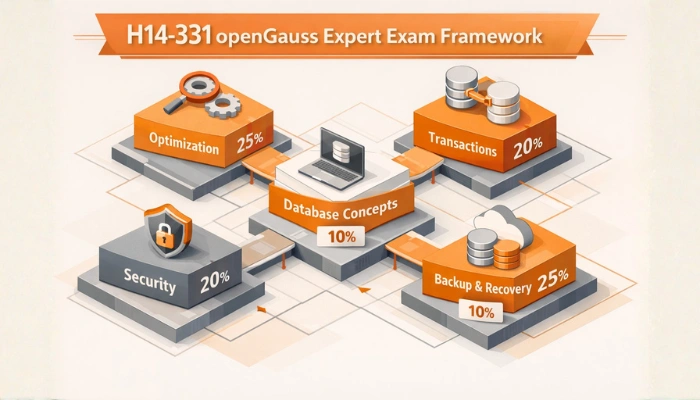 An isometric infographic illustrating the H14-331 openGauss expert exam framework, with labeled blocks representing key syllabus domains and their interconnections in a warm color scheme.